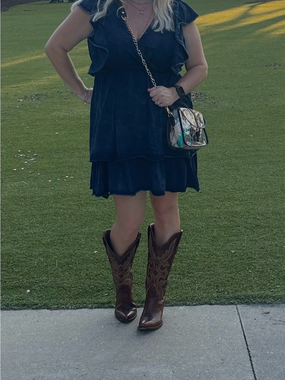 Navy Ruffle Short Dress Faux Denim
